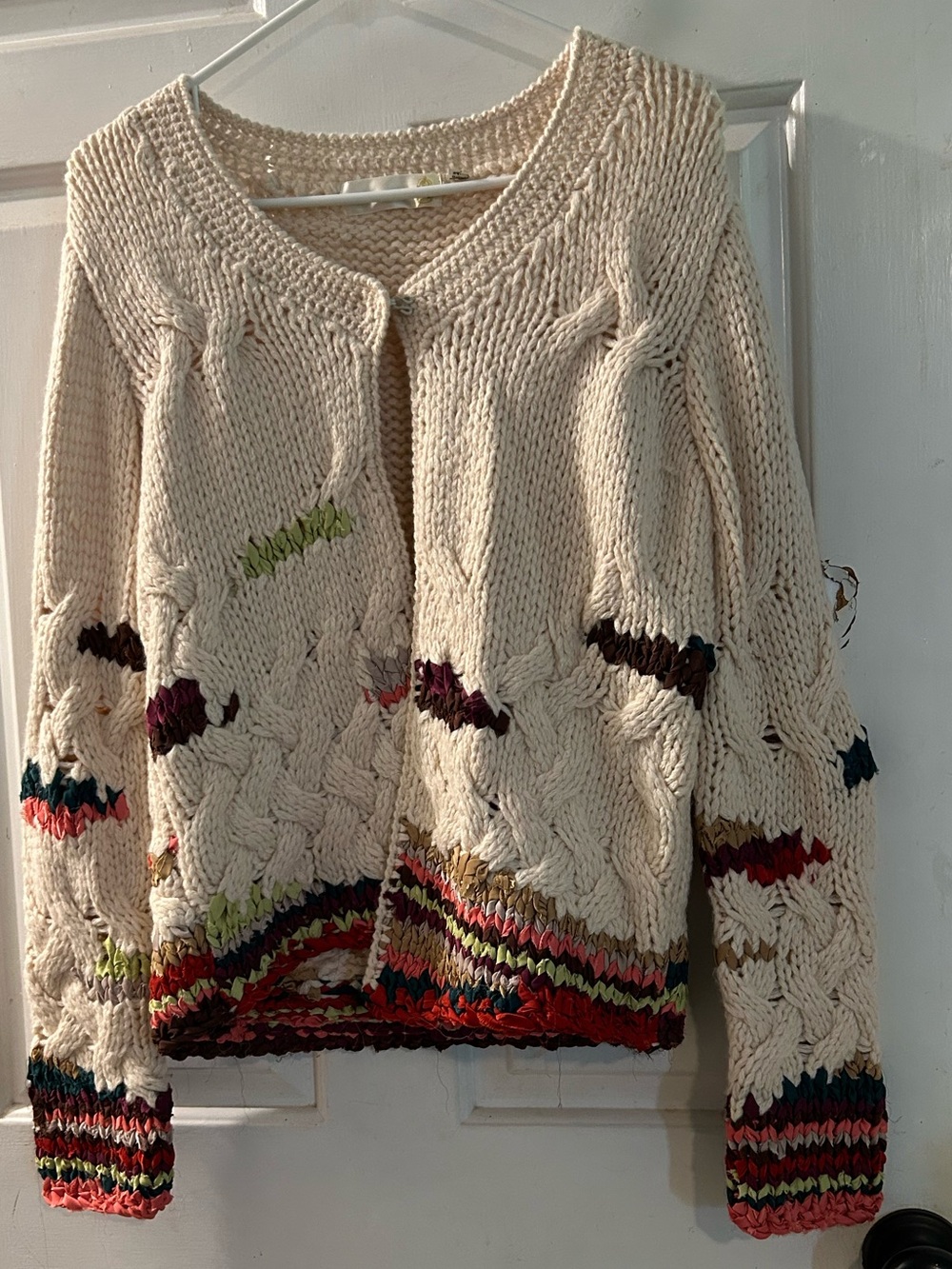 Anthropologie Cream Cable Cardigan with Multicolor Trim
